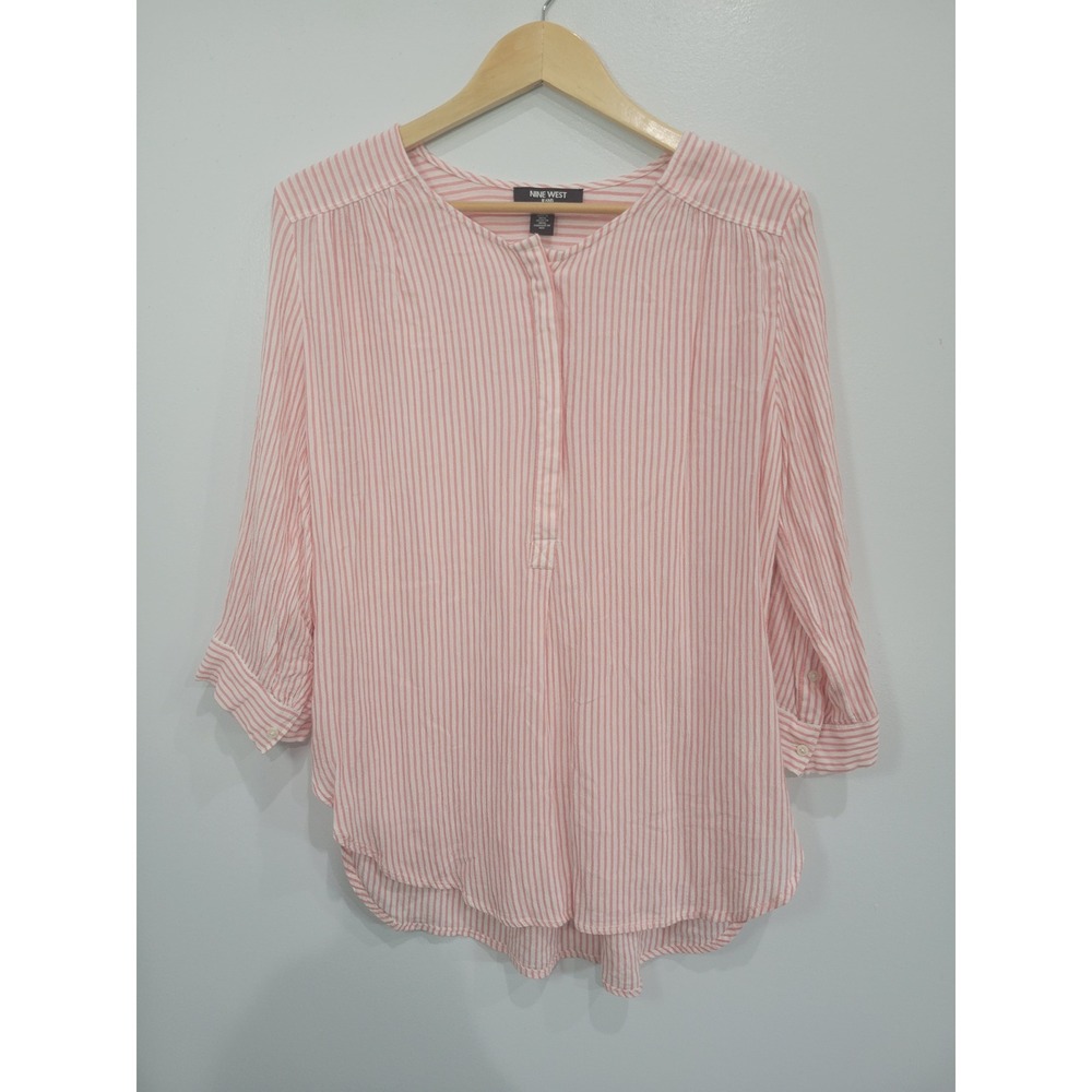 Nine West Jeans Pink White Striped Henley Blouse 3/4 Roll Tab Sleeve‎ Small